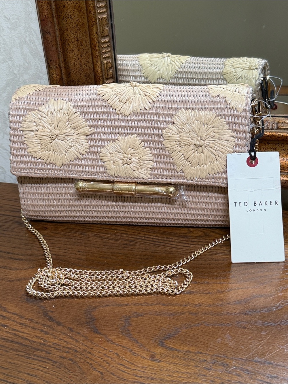 Ted Baker Tan (natural) Woven Floral Crossbody Bag with Gold Chain.